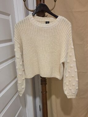 moon & madison Cream Textured Bobble Sleeve Crew Sweater
